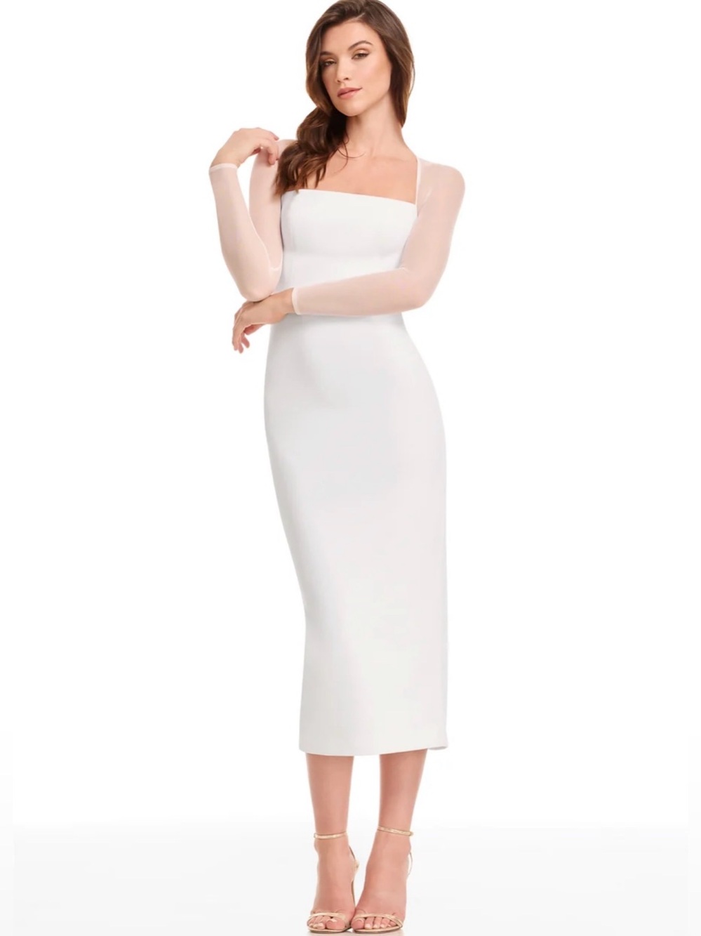 NEW Dress the Population Maxine White Long-Sleeve Square Neck Midi Dress, XXL